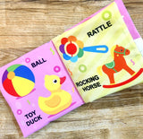 Baby My First Cloth Book First Words with Squeaker and Crinkle Paper, Non-Toxic Early Educational Toy for Toddler, Infants