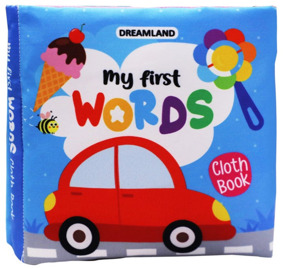 Baby My First Cloth Book First Words with Squeaker and Crinkle Paper, Non-Toxic Early Educational Toy for Toddler, Infants