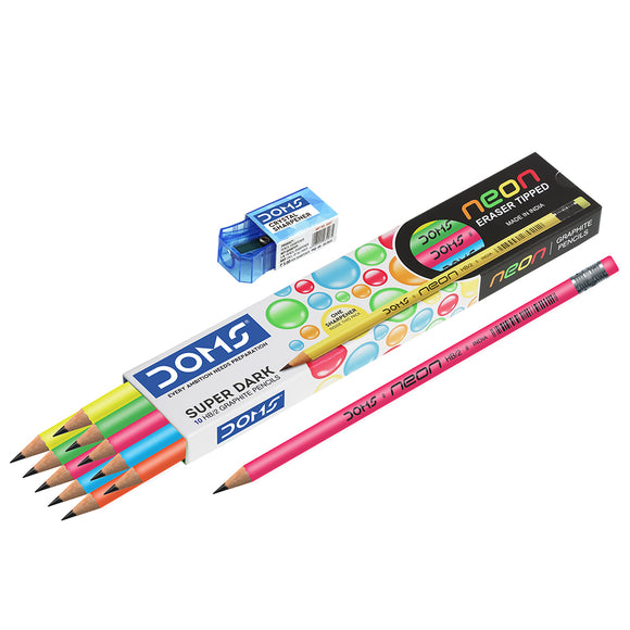 DOMS Neon Eraser Tipped HB/2 Graphite Pencils Box Pack (10 Packs)