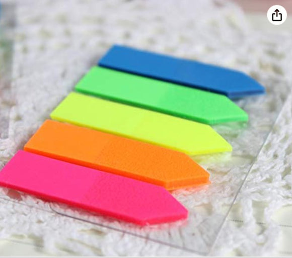 5 Colours Mini Text Highlighter Strips / Neon Index Tabs Arrow Flags (Fluorescent Sticky Notes)